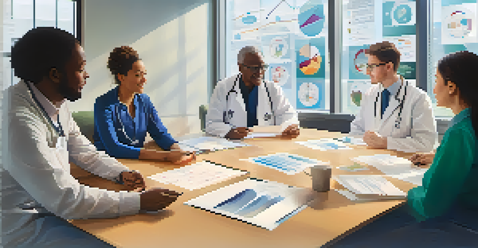 A diverse group of patients and researchers engaged in a discussion about clinical trials, with charts and graphs displayed in a bright, comfortable meeting room.