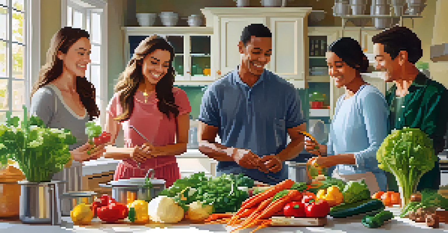 Friends cooking a healthy meal together in a bright and cheerful kitchen.
