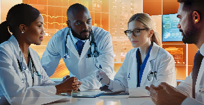 A diverse group of healthcare professionals engaged in a discussion, surrounded by digital screens showing genetic and environmental data.