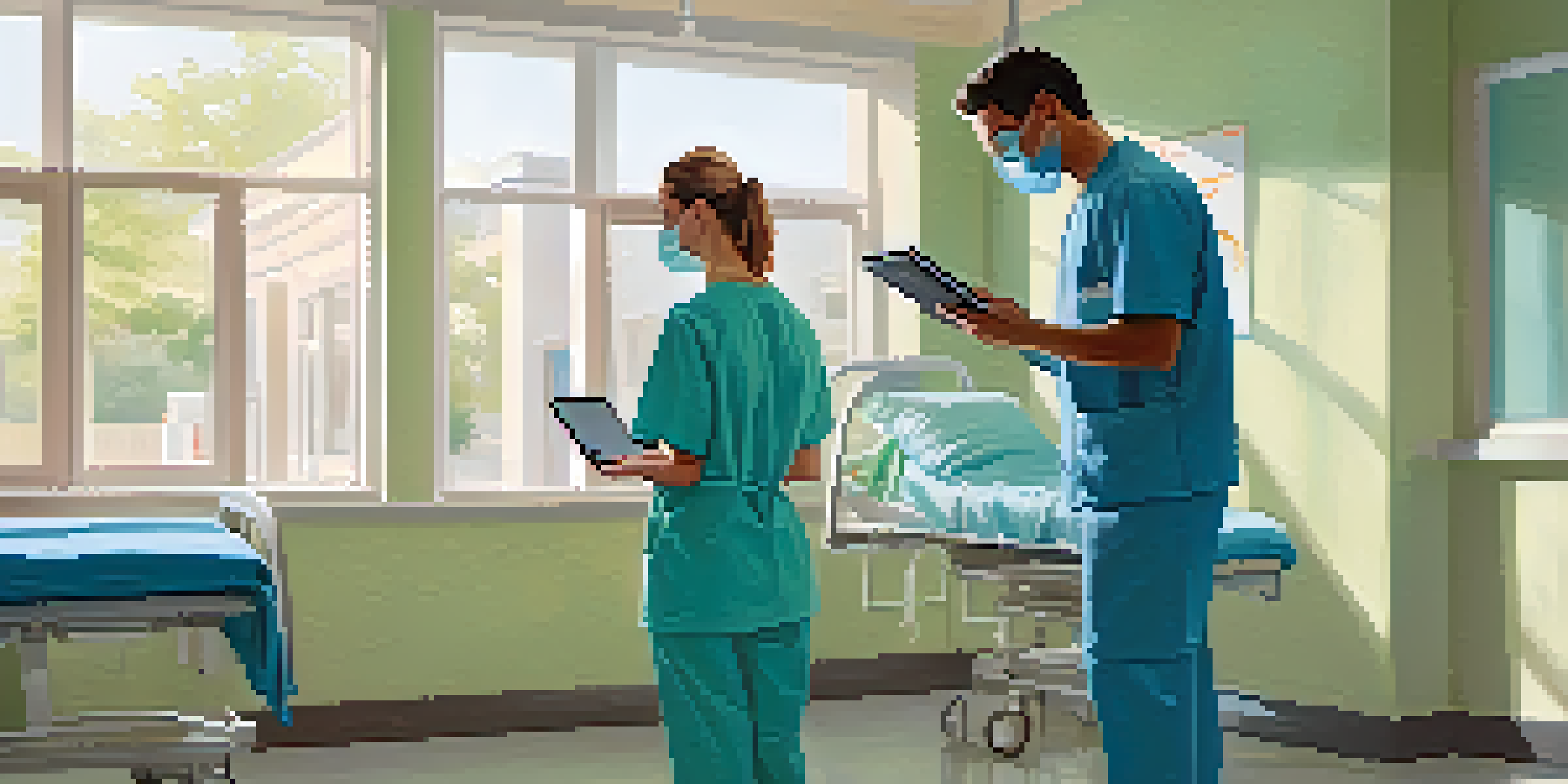 A healthcare professional in scrubs discussing with a patient via a tablet in a serene hospital room, illuminated by natural light.