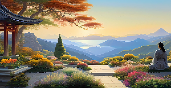 A peaceful garden with medicinal herbs and a person practicing tai chi under warm sunlight.