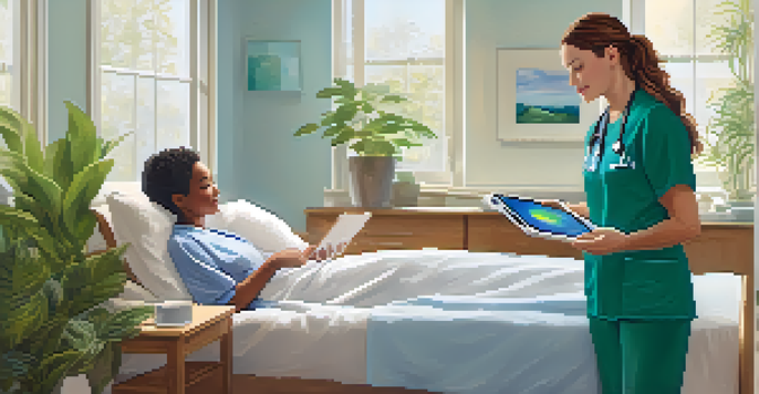 A healthcare provider showing health information on a tablet to an engaged patient in a cozy, well-lit room with plants.