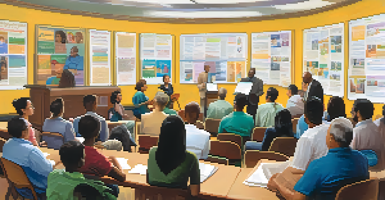 A group of diverse adults attending an educational workshop on health literacy, with a speaker presenting in a well-lit room.
