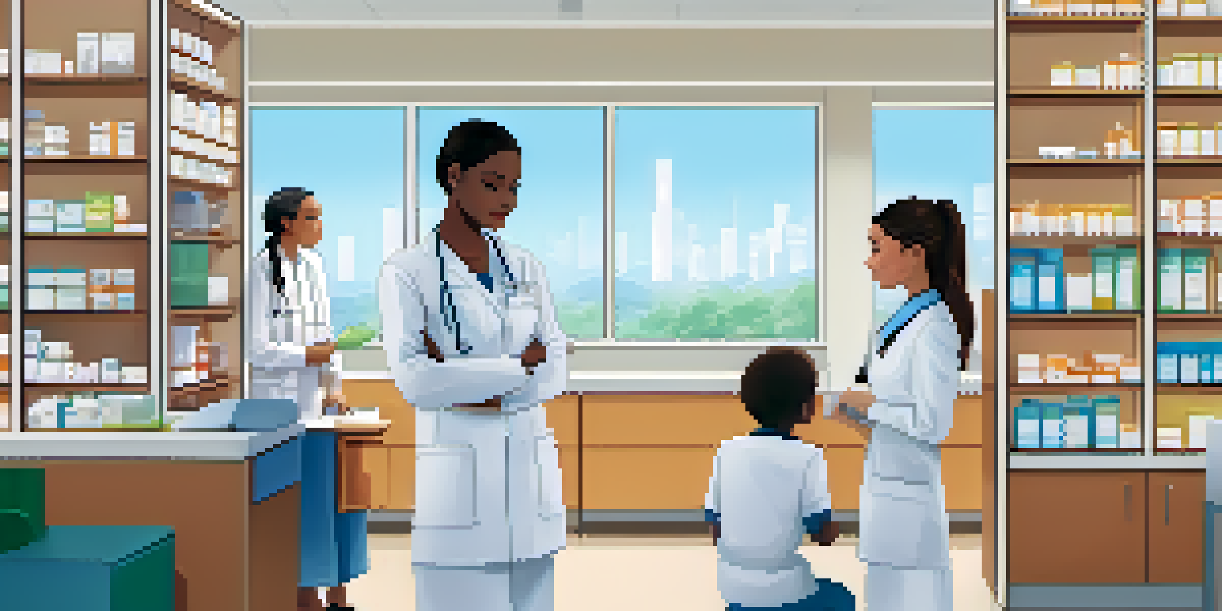 A diverse healthcare team, including a nurse, physician, and pharmacist, discussing a patient's chart in a bright clinic setting.