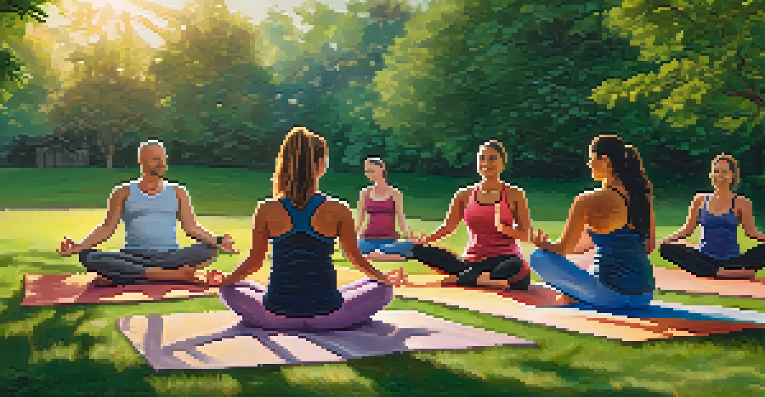 A diverse group practicing adaptive yoga in a park, surrounded by nature and a warm sunset.