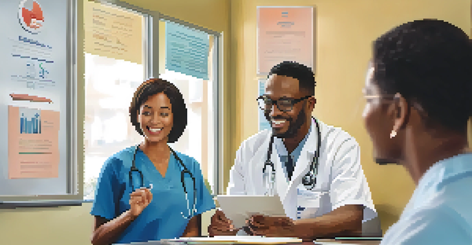 A healthcare consultation room with a patient and provider discussing health information, highlighting engagement and education.