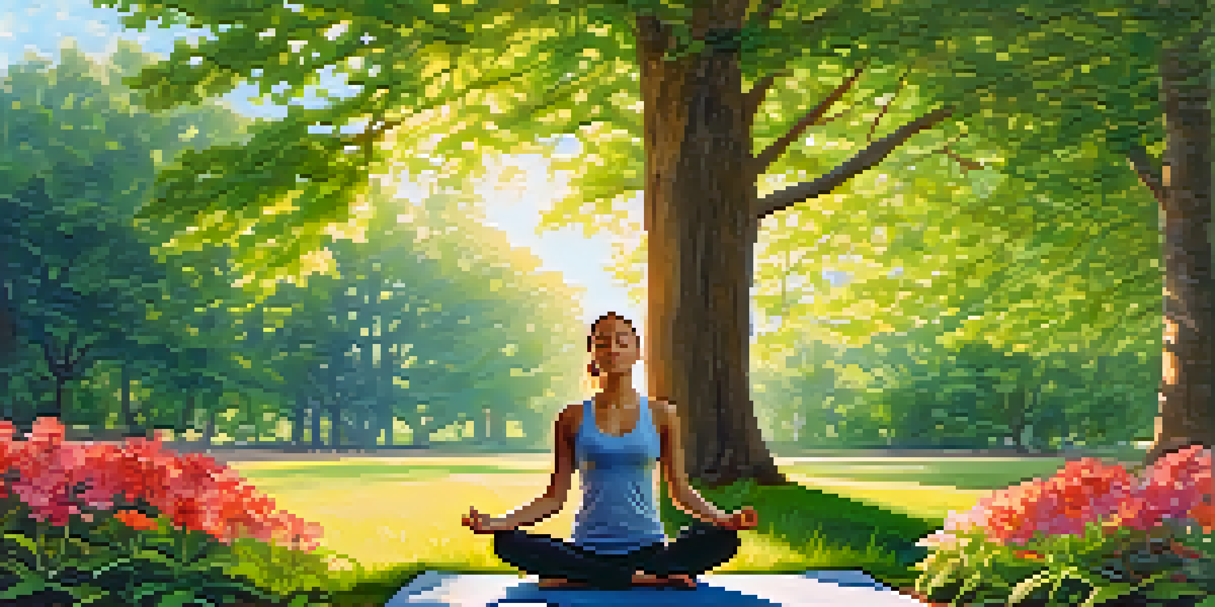 A person practicing mindfulness in a peaceful park, surrounded by greenery and flowers under soft sunlight.