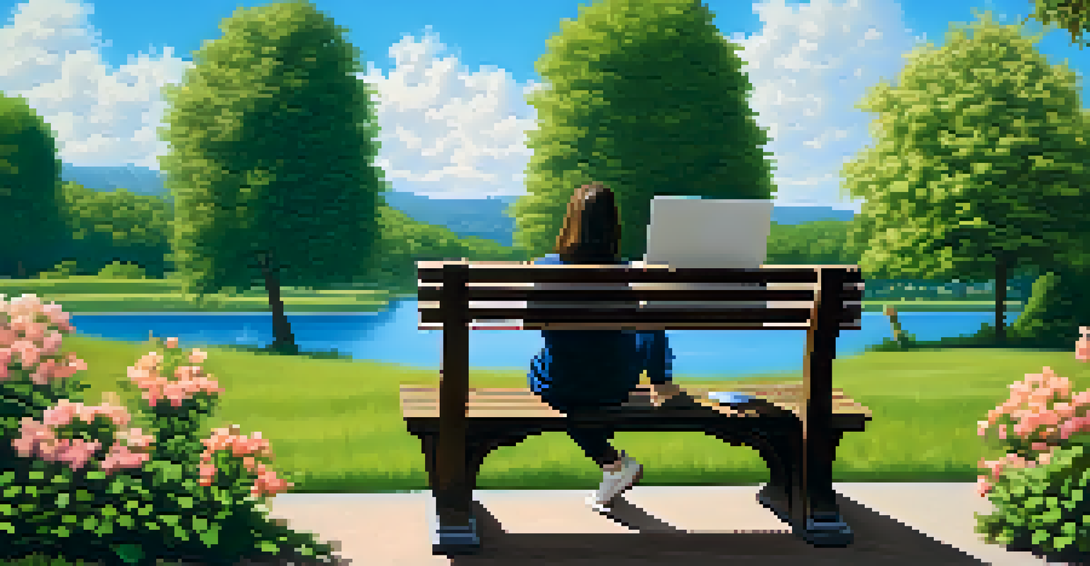 An individual sitting on a park bench with a laptop, engaged in a telepsychology session surrounded by greenery.