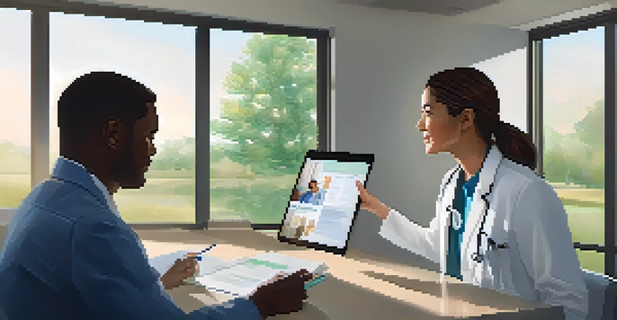 A doctor explaining treatment options to a patient in a bright and inviting consultation room, using a tablet to show a diagram.