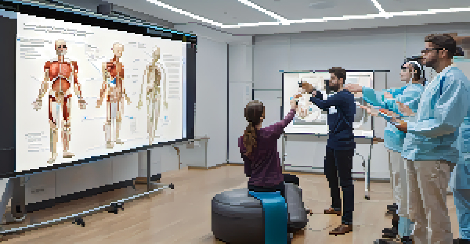 An instructor guiding medical students in a virtual reality training session, with a large screen displaying human anatomy and students using hand controllers.
