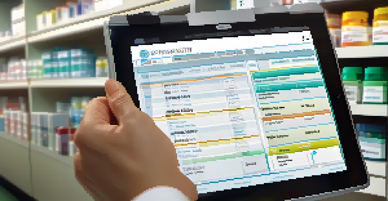 A pharmacist reviewing a patient's medication regimen on a digital tablet in a pharmacy.