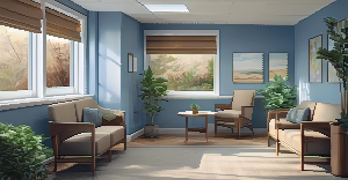 A welcoming genetic counseling office with soft blue and earthy tones, natural light streaming through a window, comfortable seating, and educational materials on a table.