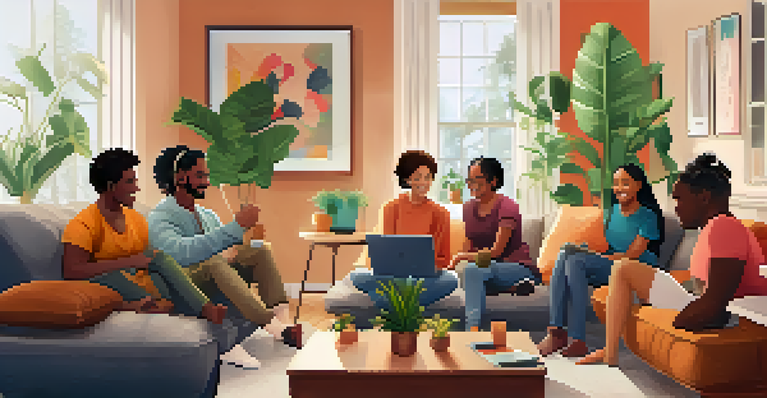 A diverse group of people in a virtual therapy session, smiling on a computer screen in a cozy living room.