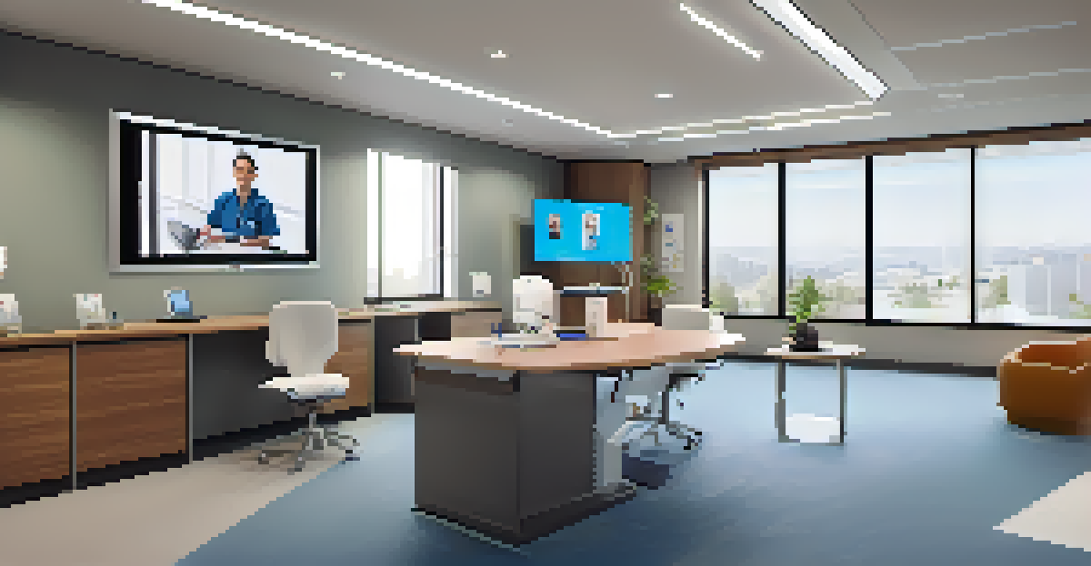 A telehealth consultation room with a video call on a large screen and medical equipment.