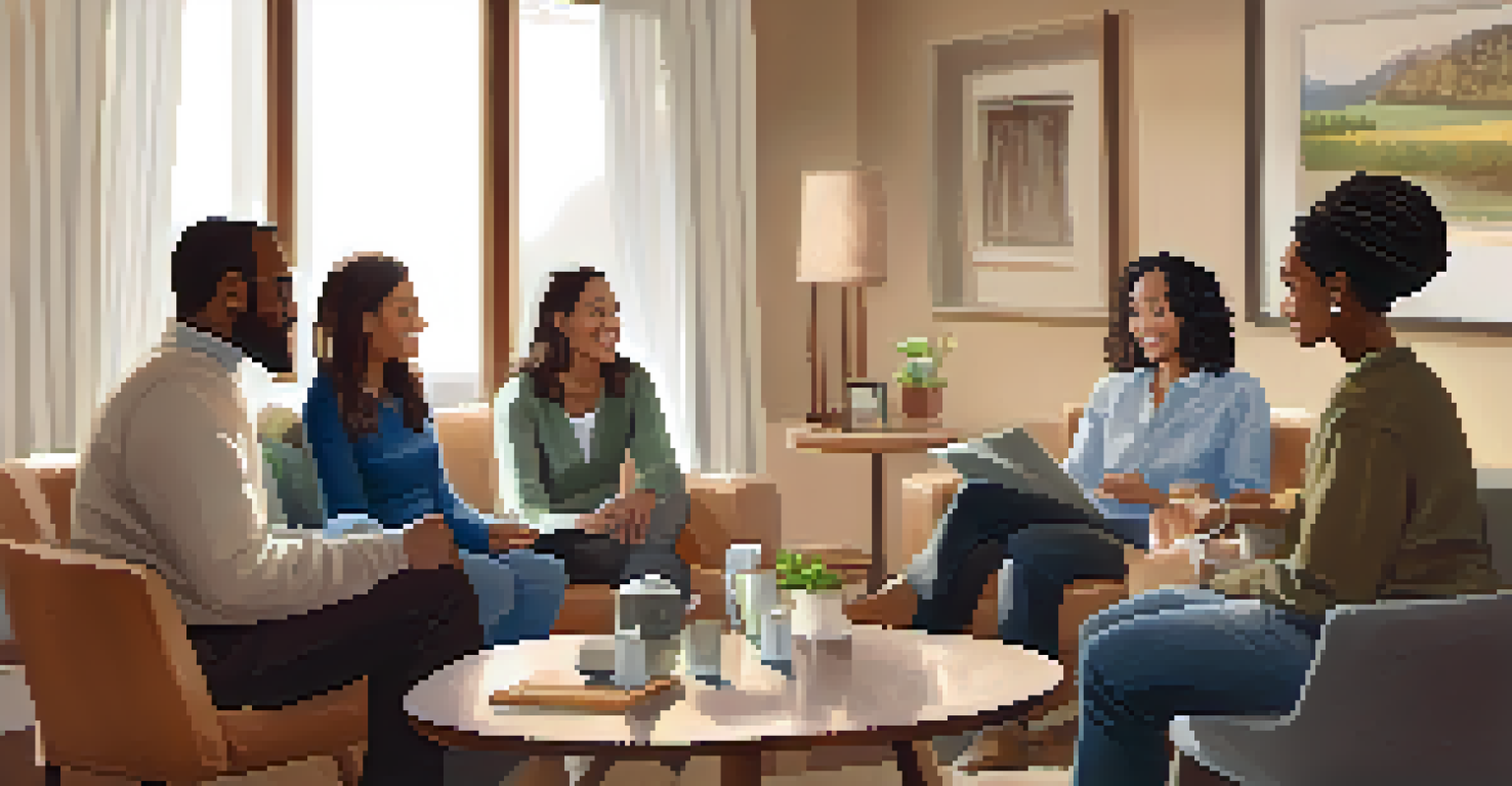 A group therapy session with individuals sharing experiences about genetic counseling, facilitated by a smiling counselor in a warm, inviting room.