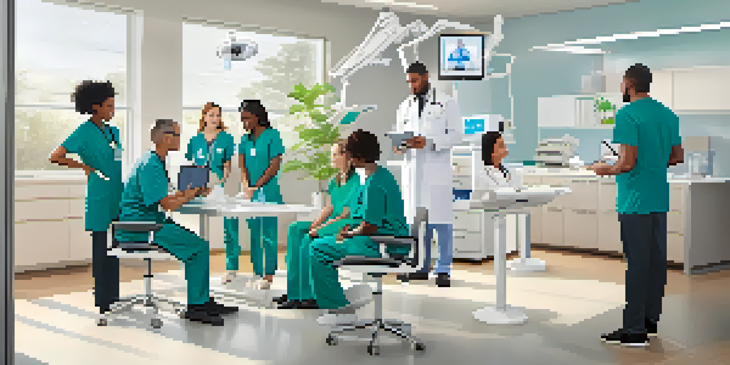 A diverse team of healthcare professionals collaborating in a modern clinic, focusing on patient-centered care.
