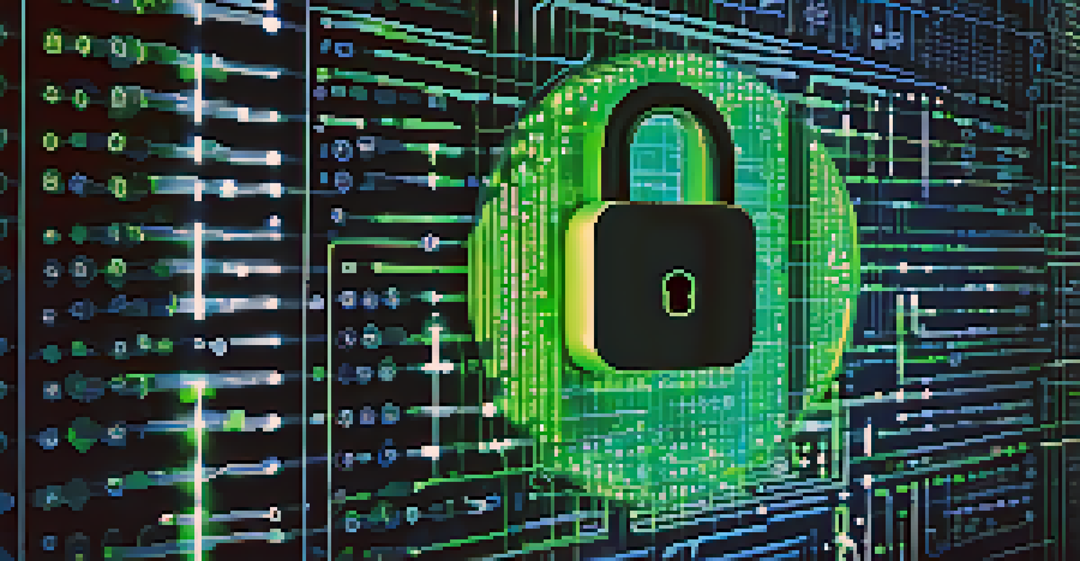 An abstract image showing a digital lock and binary code representing data security, with a blue and green color scheme.