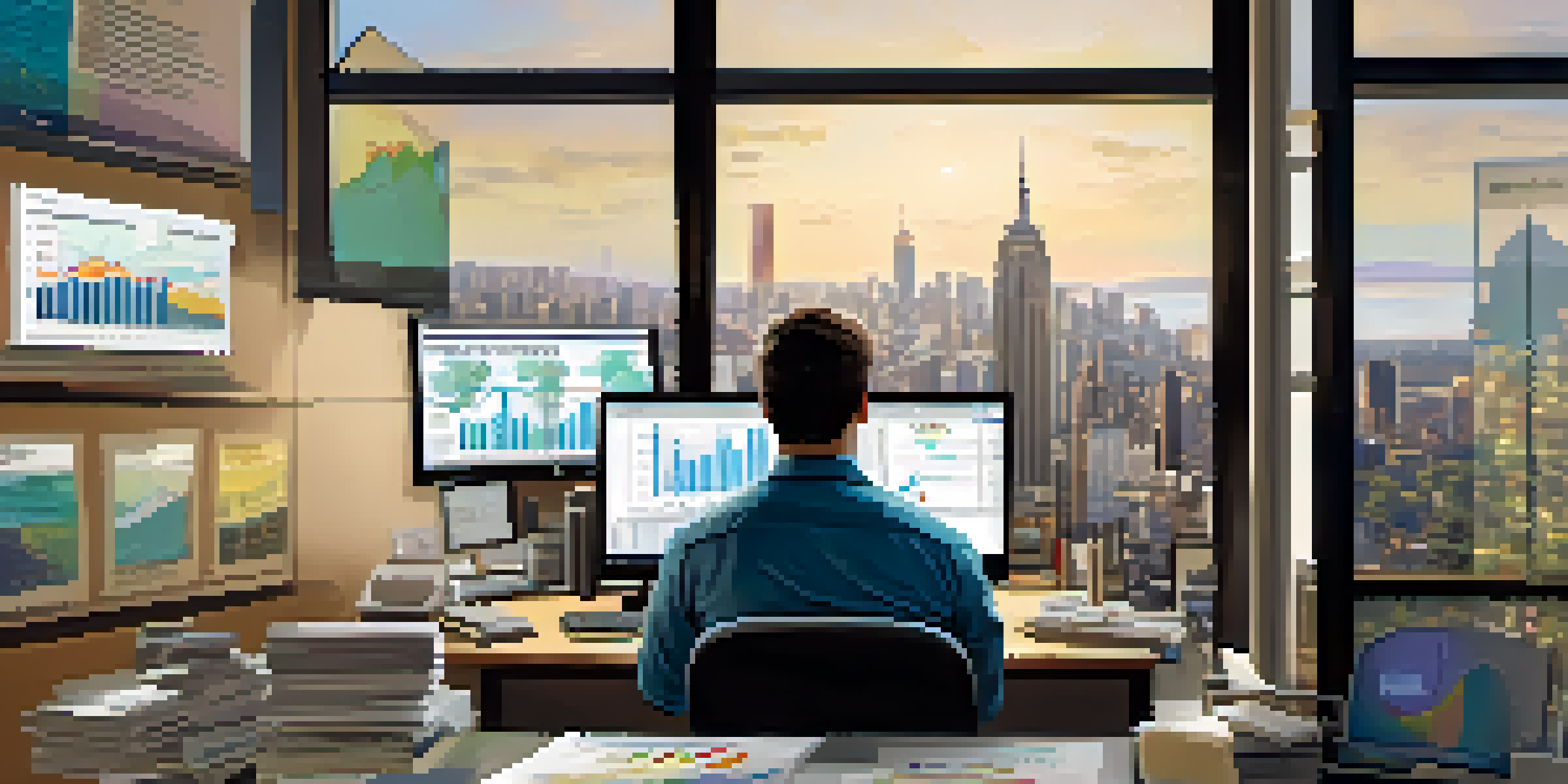 A health researcher sitting at a desk in an office, analyzing health trend data on a computer screen with various graphs.