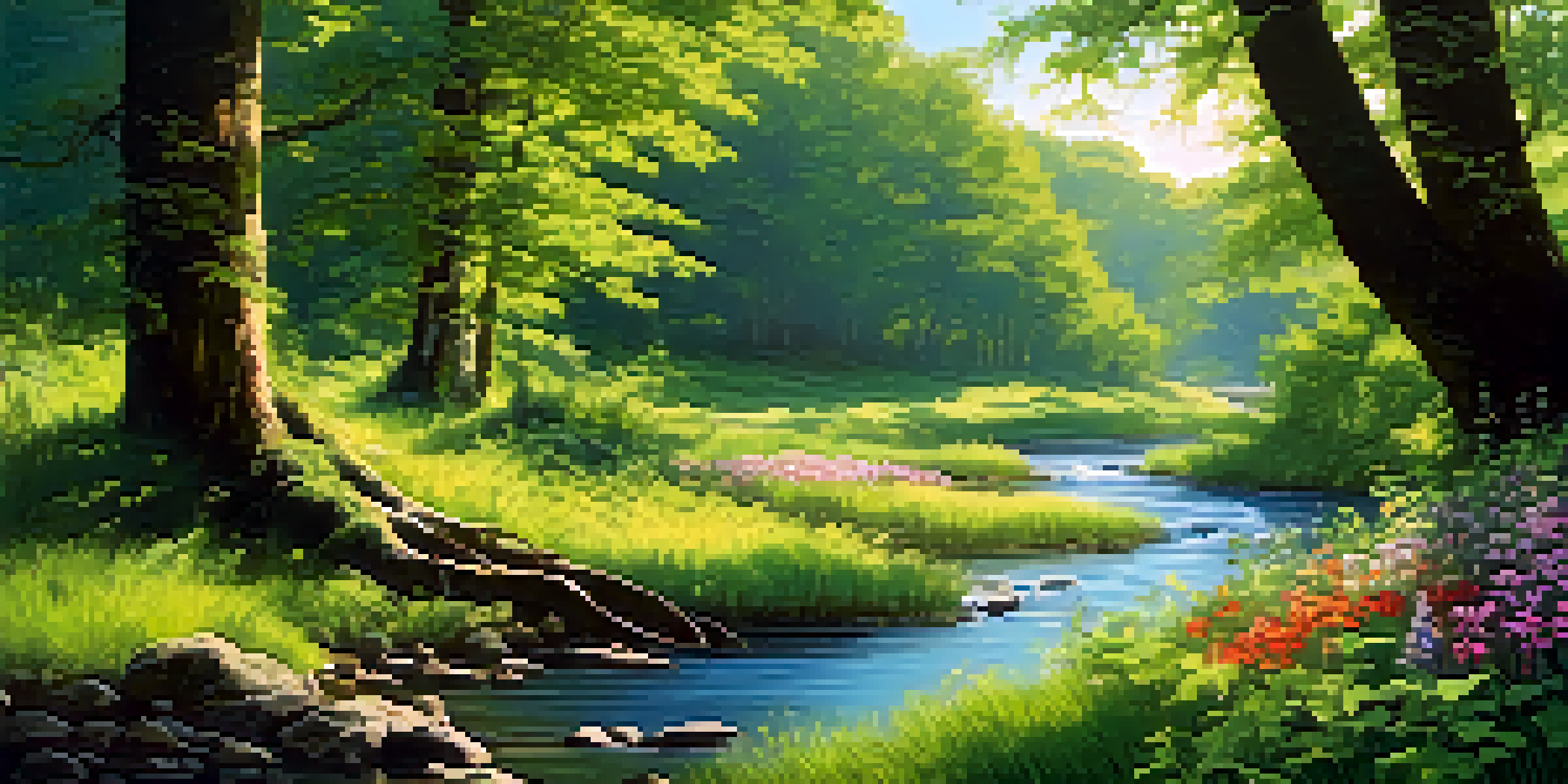 A vibrant forest scene with a flowing river, colorful flowers, and sunlight filtering through the trees.
