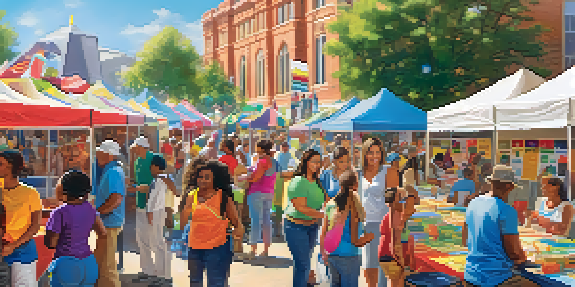A bustling community health fair with diverse attendees learning about health topics at colorful booths under bright sunlight.