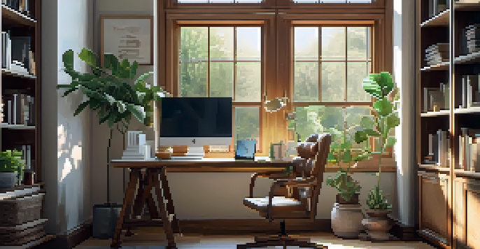A cozy home office with a laptop, plants, and natural light.