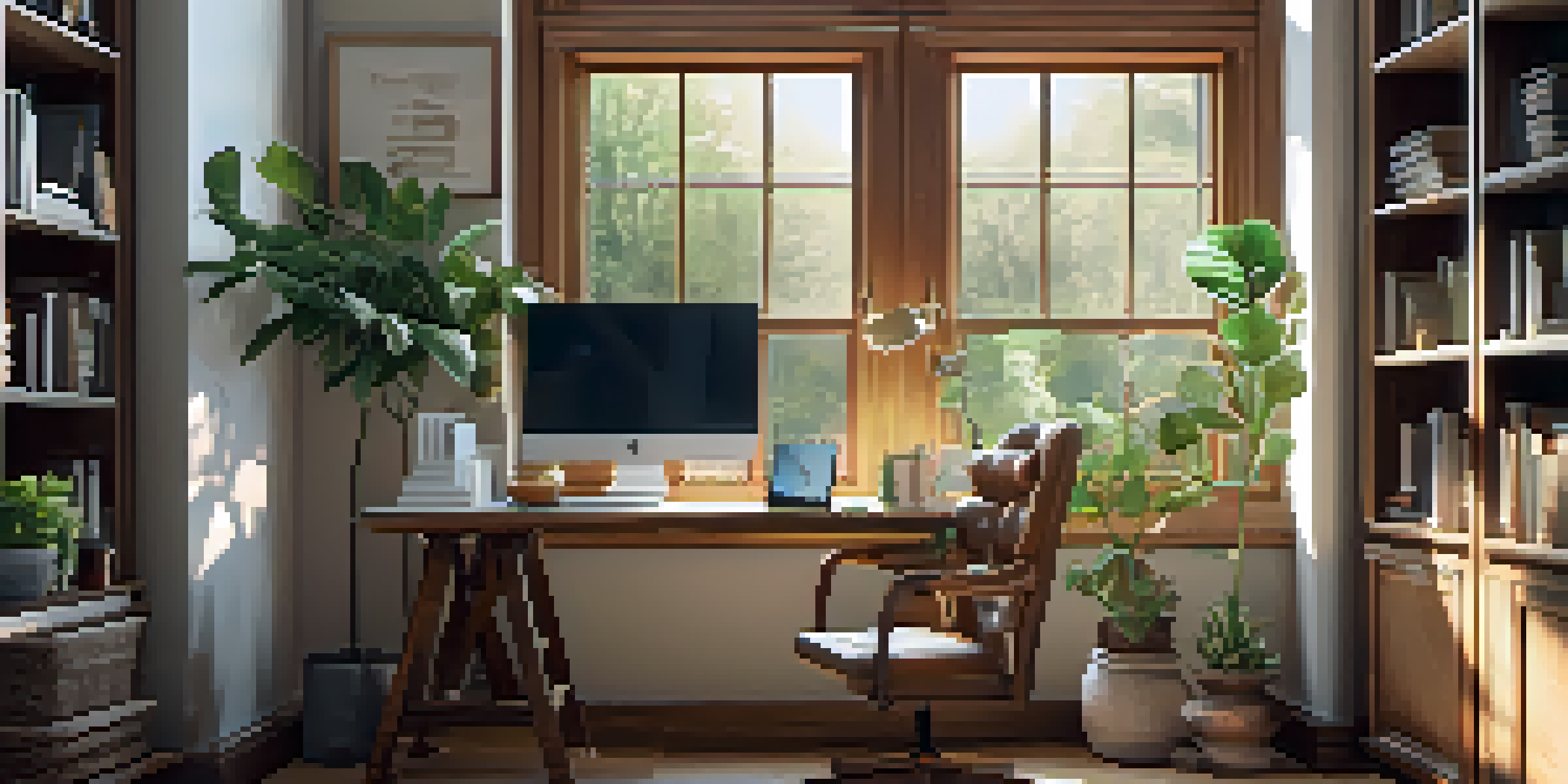 A cozy home office with a laptop, plants, and natural light.