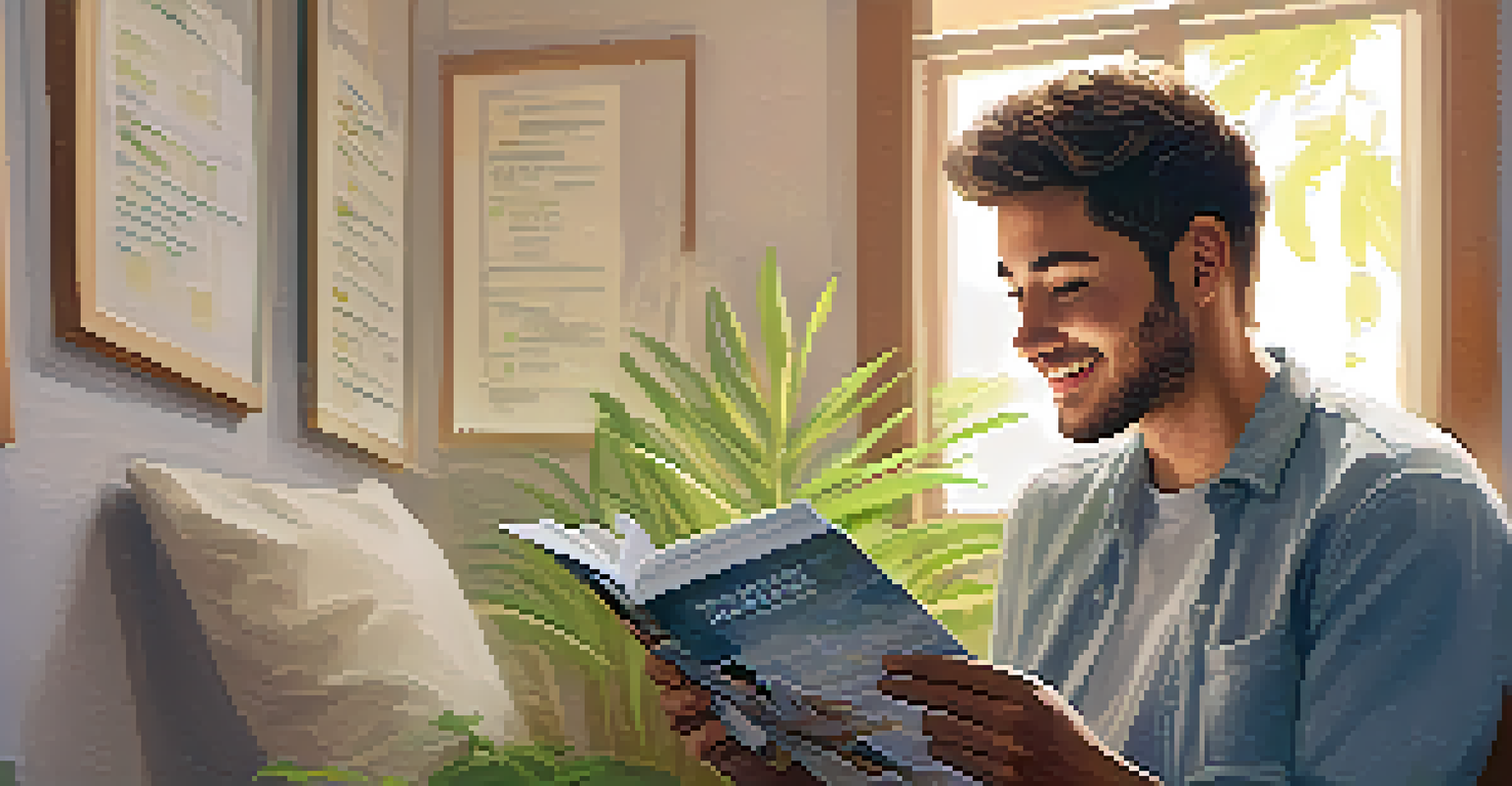 A young man in a clinic room, smiling while reading about gene therapy.