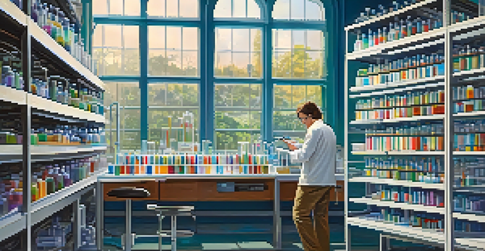 A scientist in a laboratory examining DNA samples with advanced equipment, surrounded by colorful reagent bottles and books in a well-lit space.