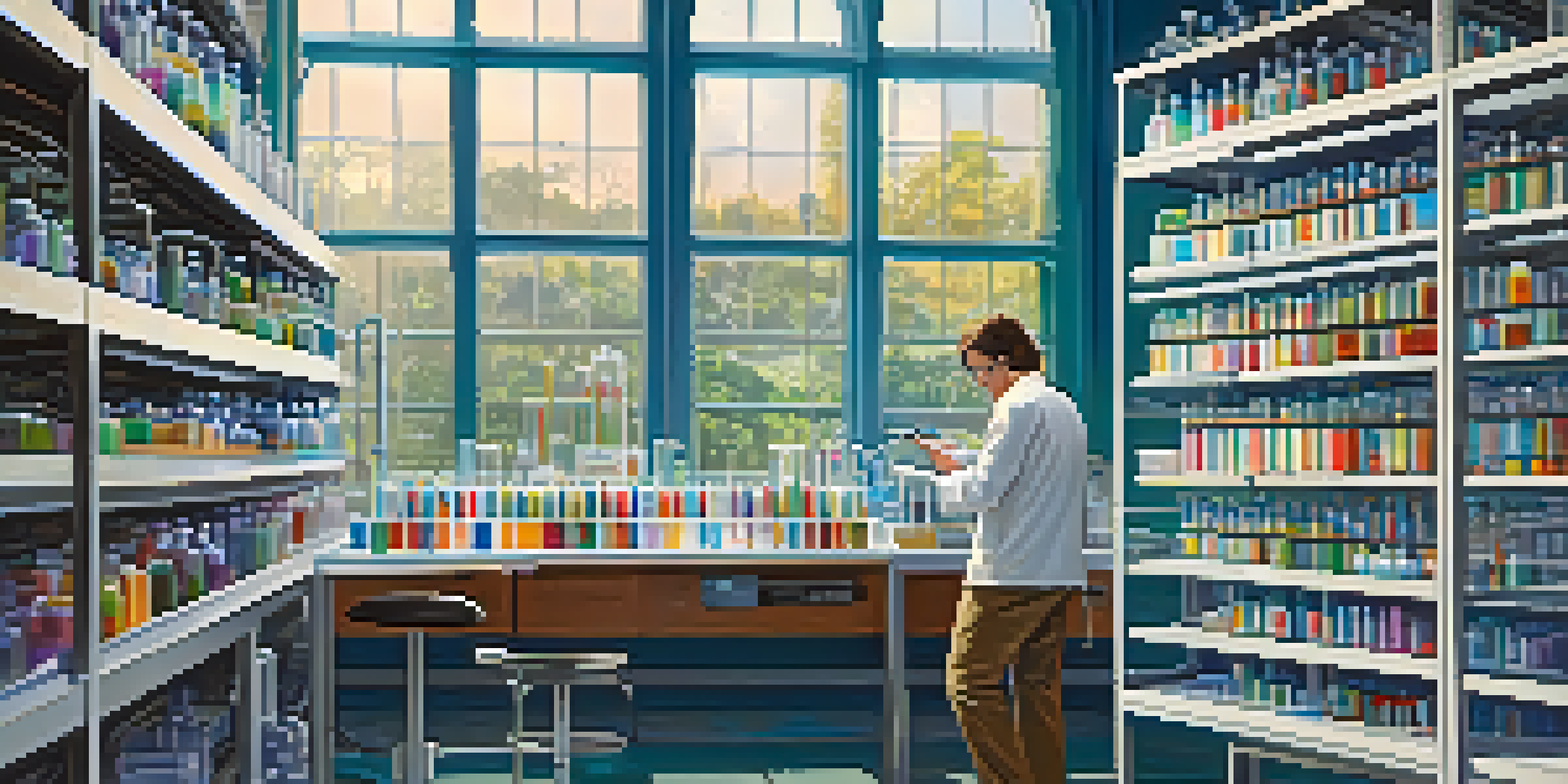 A scientist in a laboratory examining DNA samples with advanced equipment, surrounded by colorful reagent bottles and books in a well-lit space.