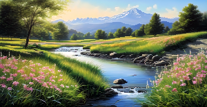 A peaceful meadow filled with colorful flowers, a blue sky, and distant mountains, with a stream reflecting sunlight.