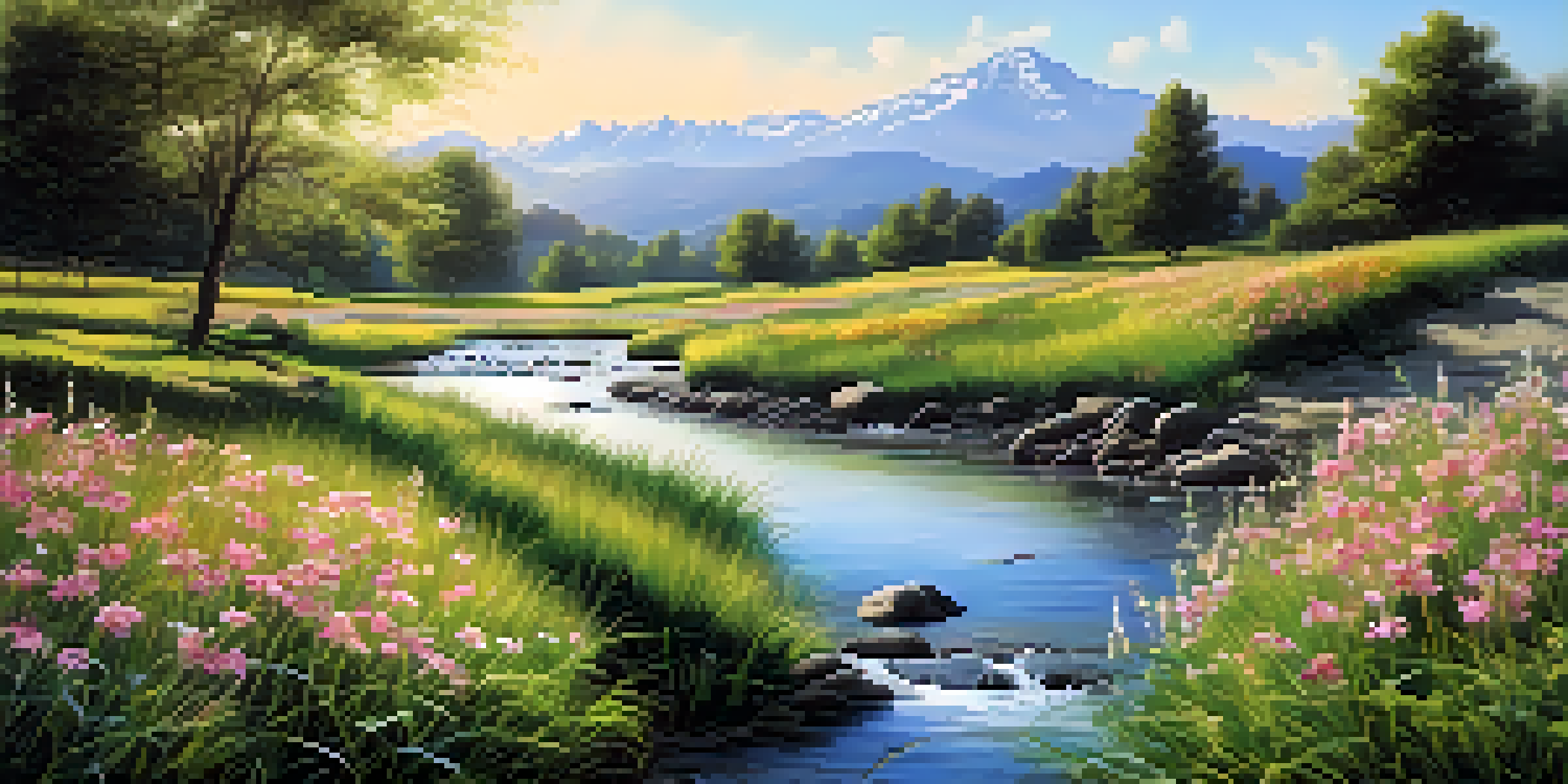 A peaceful meadow filled with colorful flowers, a blue sky, and distant mountains, with a stream reflecting sunlight.