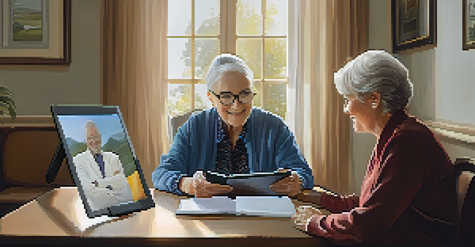 An elderly individual smiling at a tablet during a teletherapy session, in a bright and comfortable living room.
