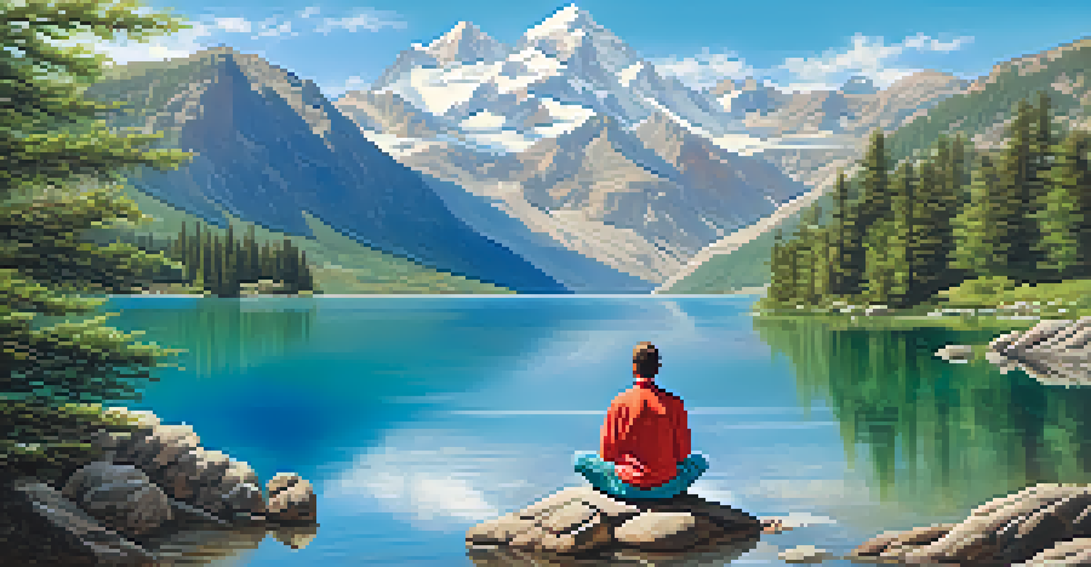 A person meditating on a rock by a calm lake, reflecting mountains and blue skies in the background.