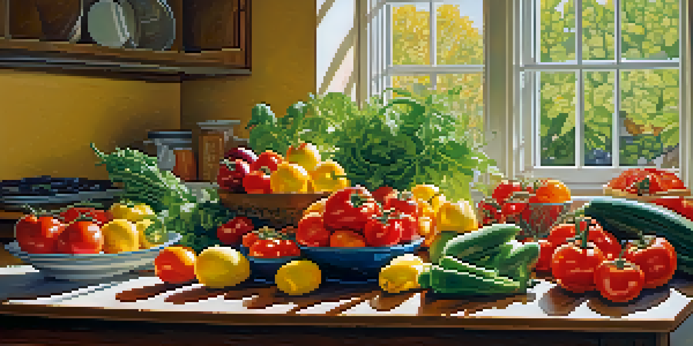 A kitchen table covered with a variety of colorful fresh fruits and vegetables, illuminated by sunlight coming through a window.