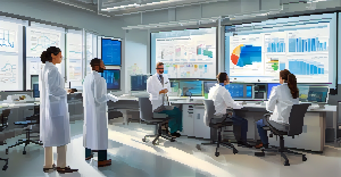 A group of diverse scientists in a laboratory, analyzing public health data on screens, with charts and graphs visible.