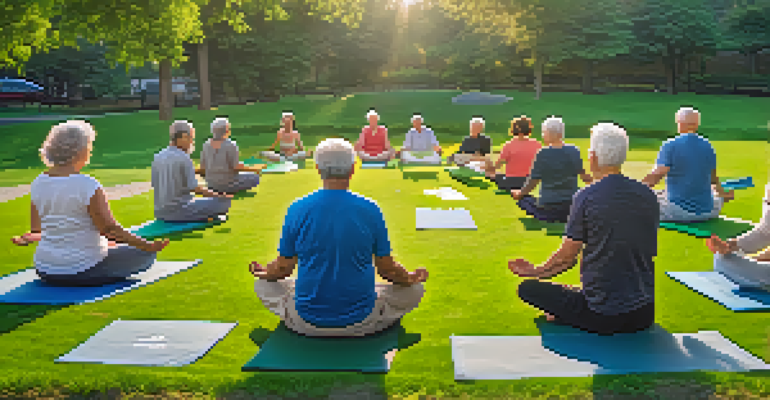 An elderly man doing yoga in a community class outdoors, surrounded by other seniors in a green park.