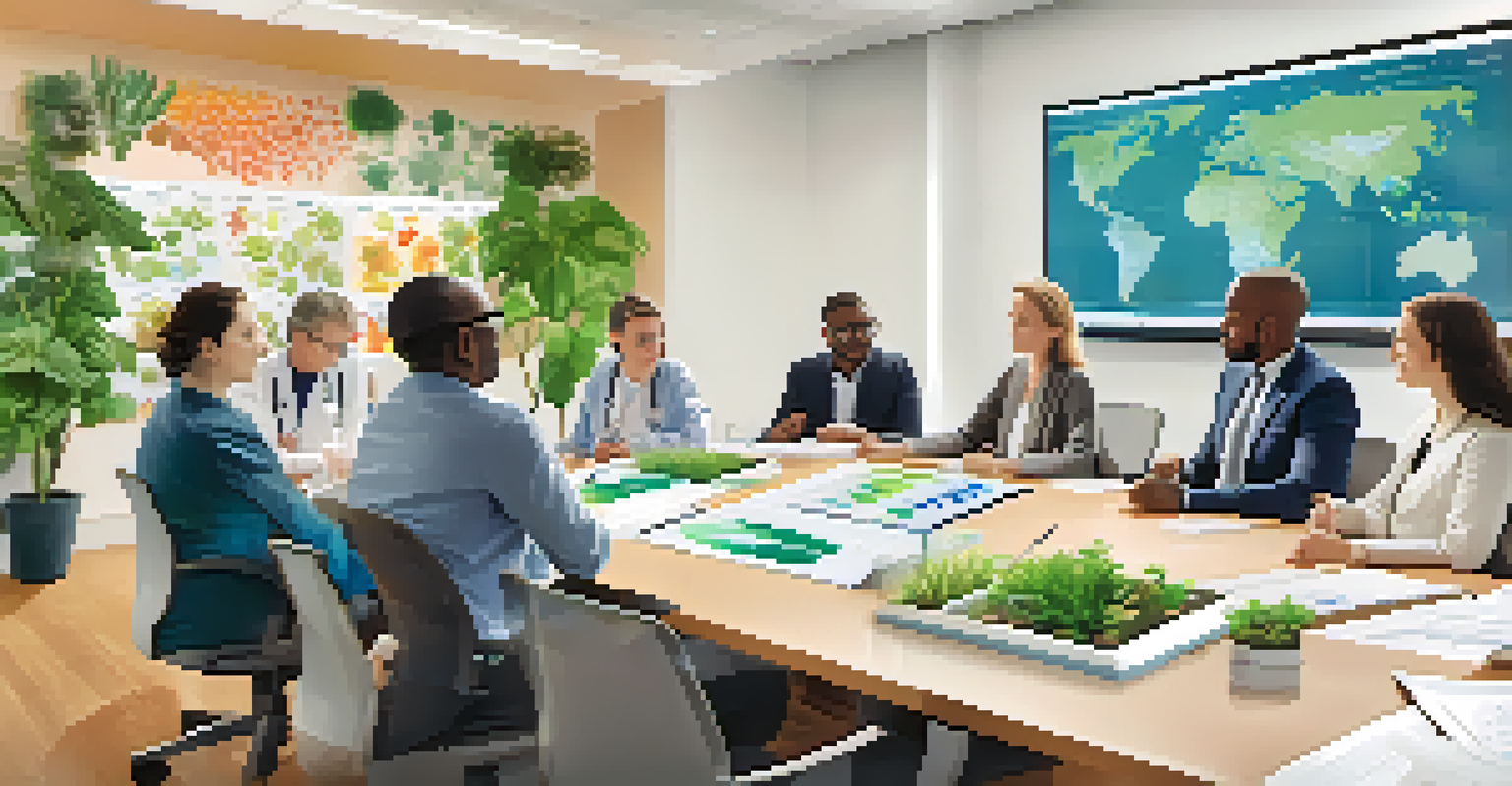 A diverse team of researchers and clinicians collaborating in a conference room, discussing healthcare projects with charts and graphs.