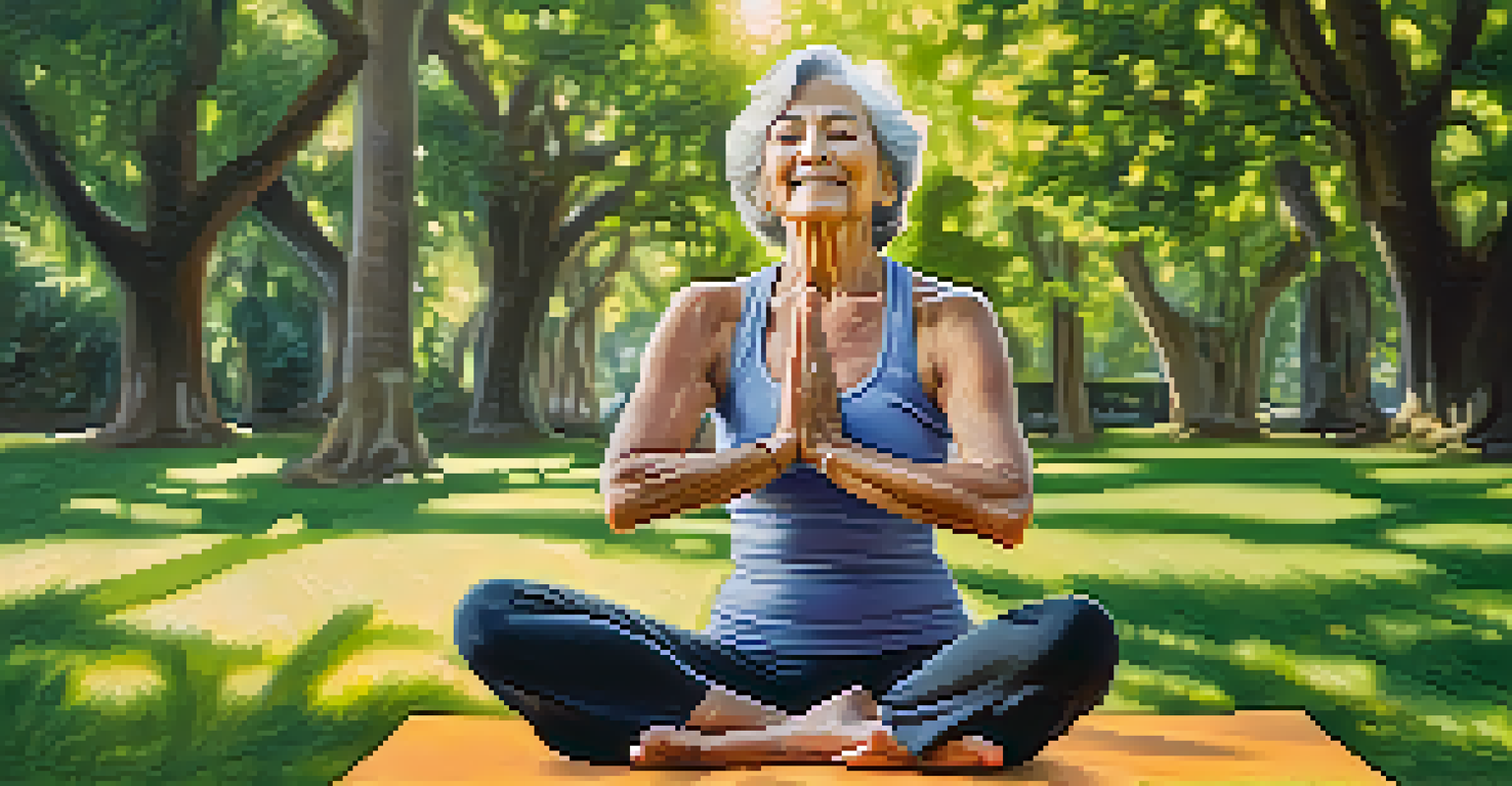 An elderly woman doing yoga in a park, surrounded by greenery, showing strength and balance.