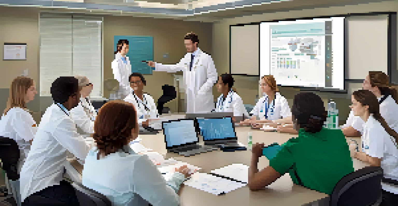 A clinical pharmacist discussing medication safety with doctors and nurses in a hospital conference room.