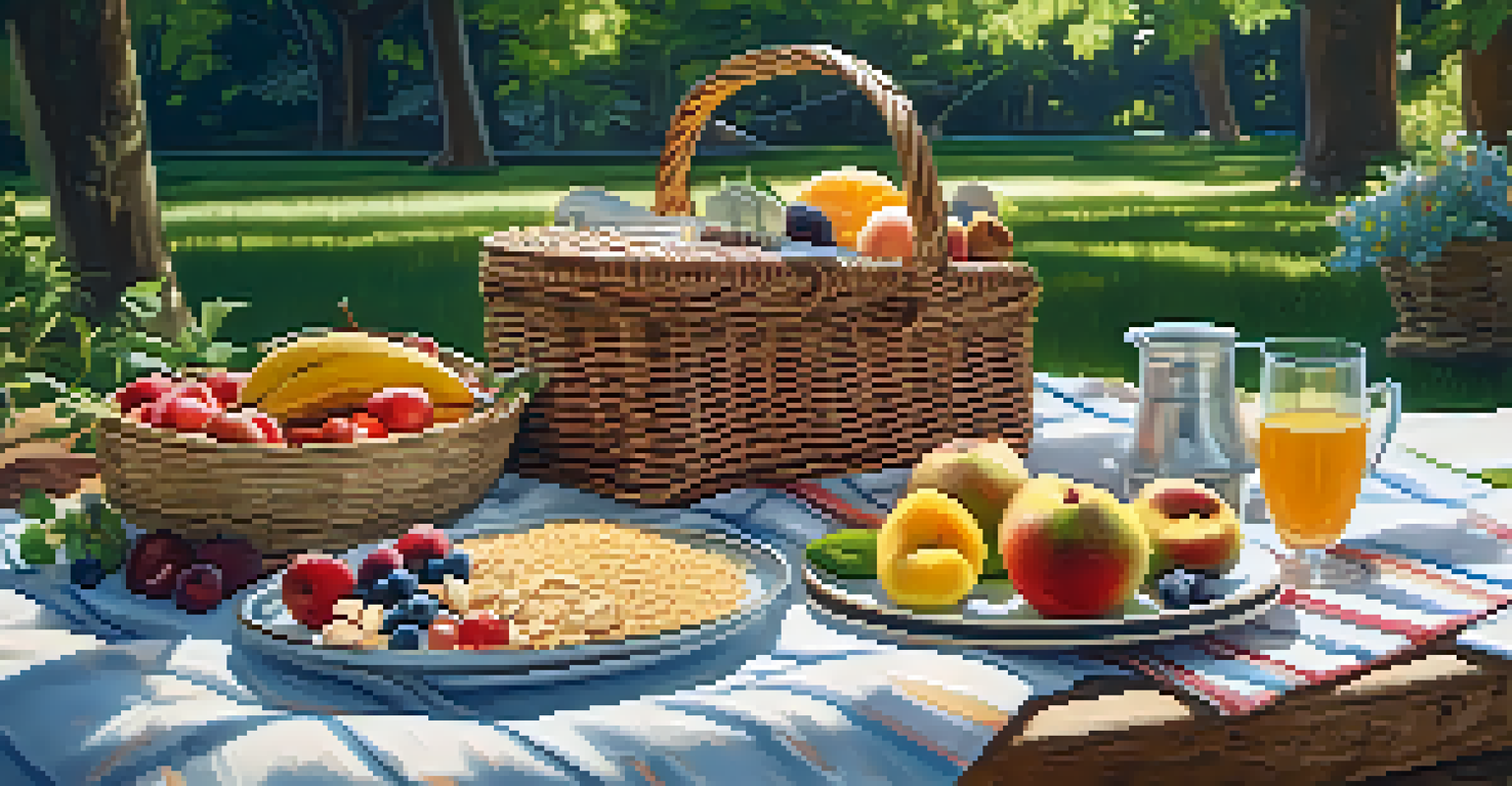 A peaceful outdoor picnic with a variety of healthy foods on a blanket, set in a lush green environment.