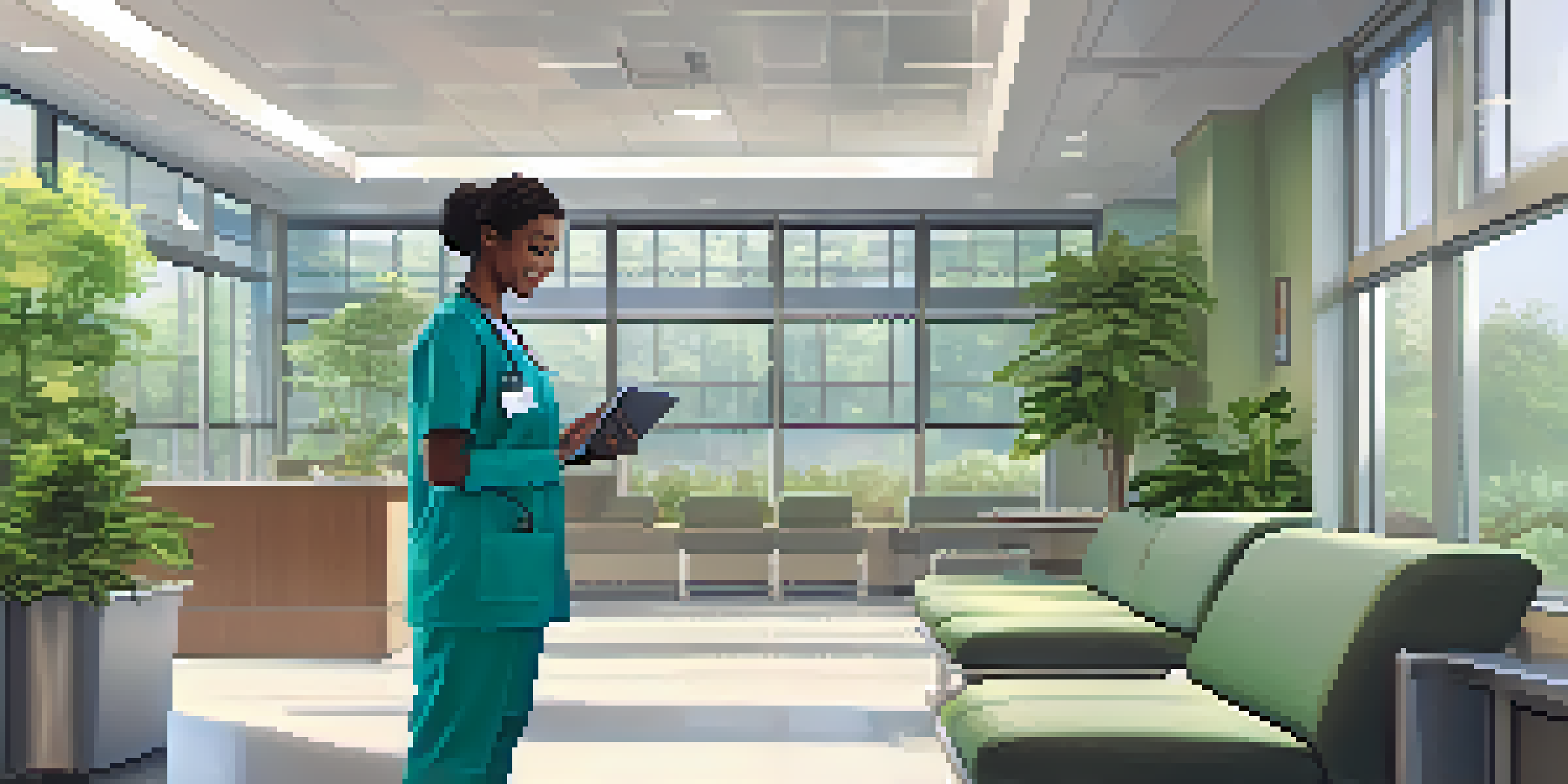 A healthcare professional in scrubs reviewing patient data on a tablet in a modern, well-lit hospital waiting room filled with plants and natural light.