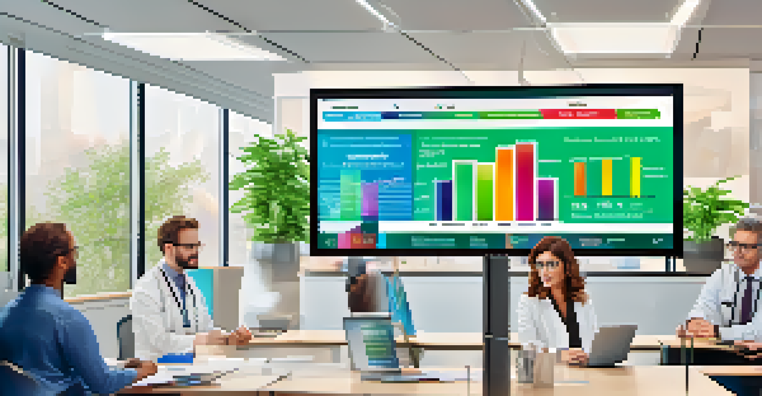 A healthcare leader presenting data insights on a digital screen in a modern office, with graphs and statistics displayed.