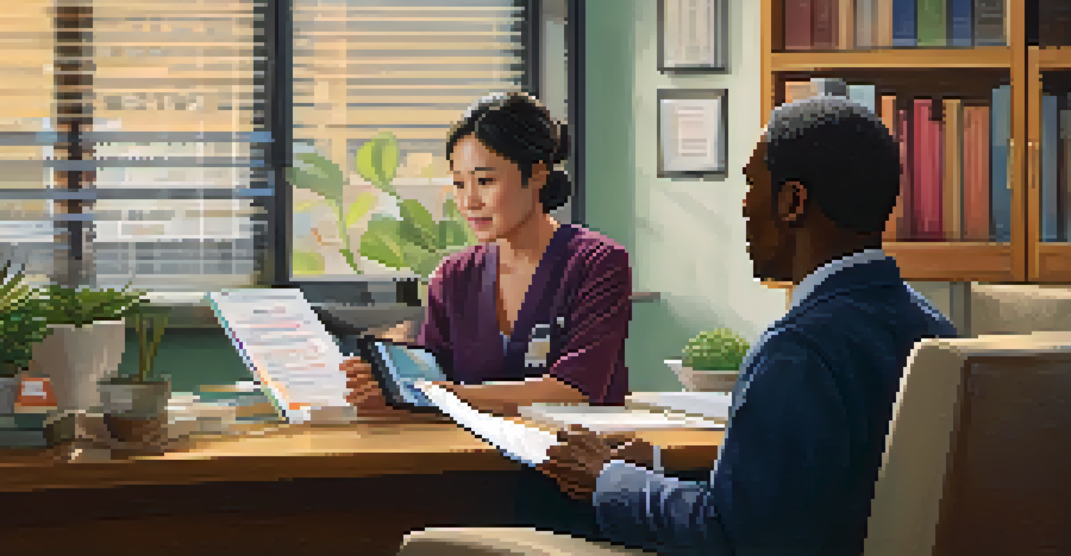 A patient and a genetic counselor discussing genetic test results in a cozy office setting, with warm lighting.