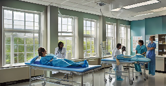 A group of diverse medical students practicing on a high-fidelity mannequin in a well-lit classroom, emphasizing teamwork and collaboration.