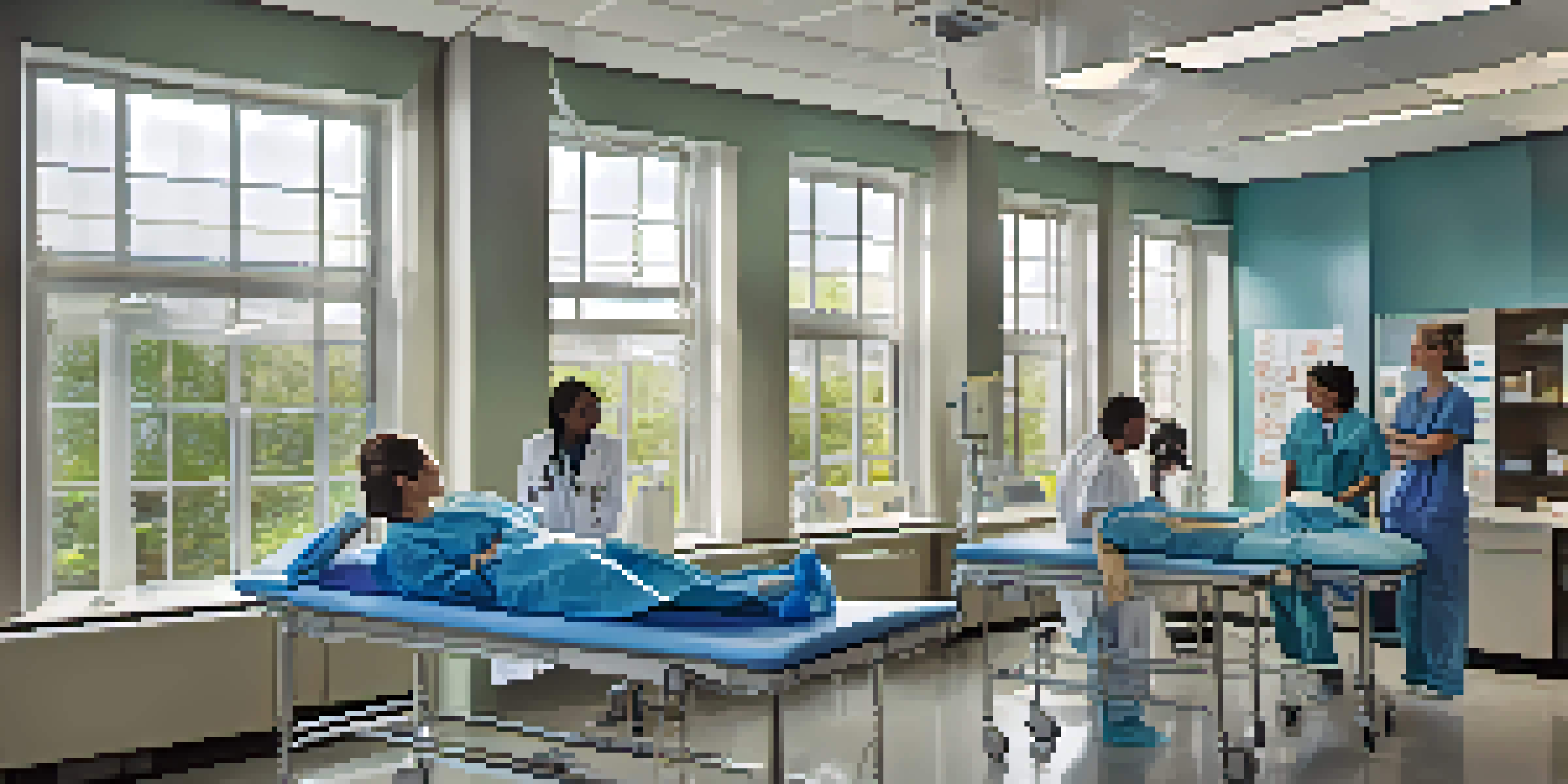 A group of diverse medical students practicing on a high-fidelity mannequin in a well-lit classroom, emphasizing teamwork and collaboration.