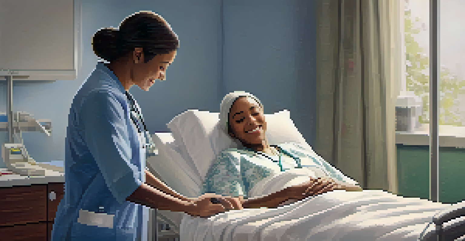 A nurse comforting a patient in a softly lit hospital room, showing care and empathy while holding their hand.