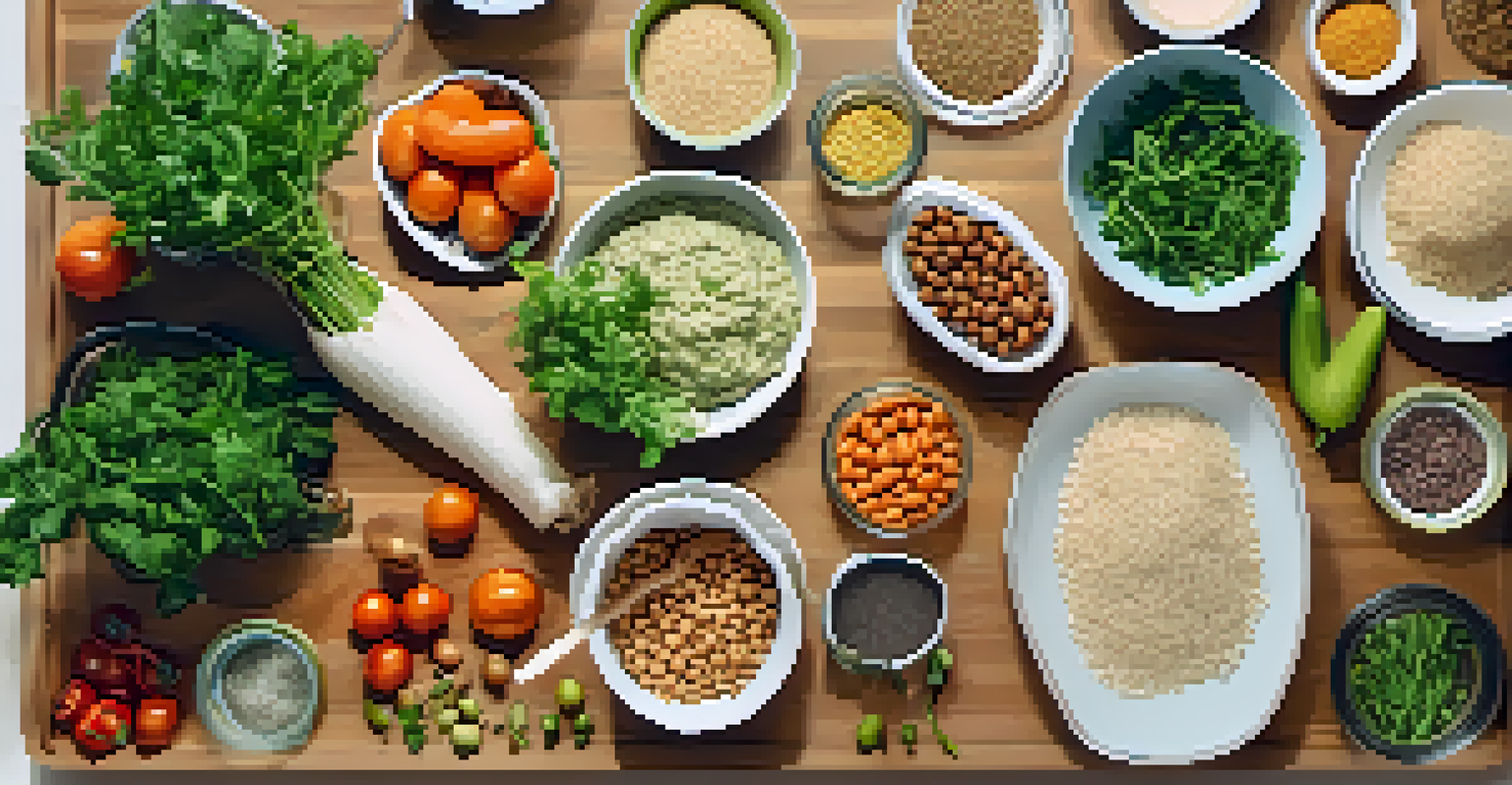 An overhead view of a kitchen countertop with ingredients for a plant-based meal prep, including grains, legumes, and fresh vegetables.