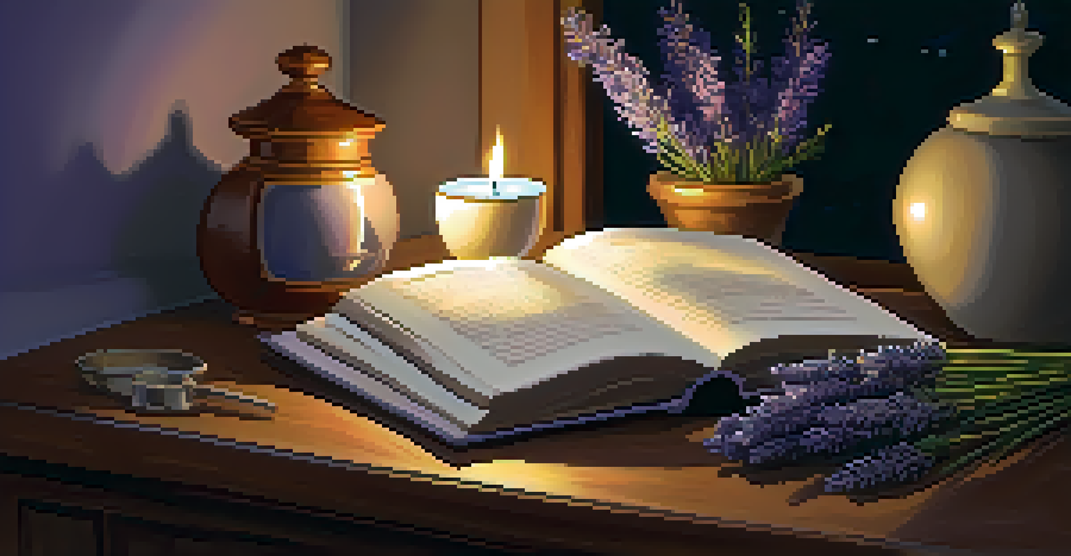 A warm bedside table scene with lavender, a book, and chamomile tea, softly illuminated by candlelight.