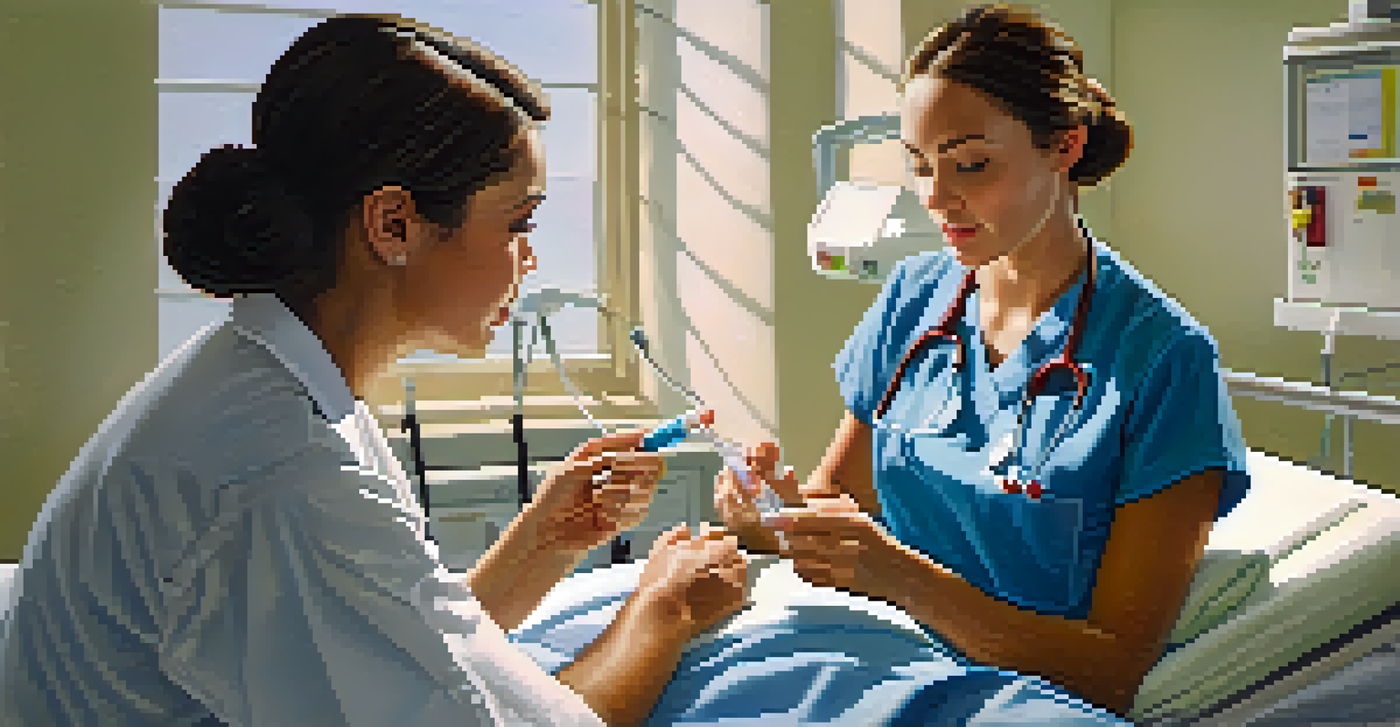 A nurse administering medication to a patient in a well-lit hospital room, showcasing a caring interaction.