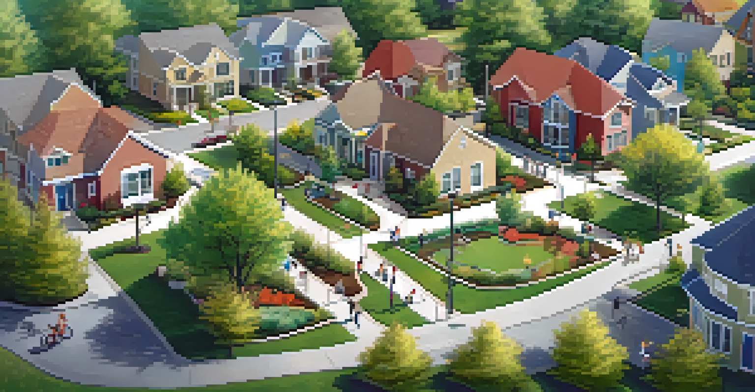 An aerial view of a vibrant neighborhood featuring parks and children riding bicycles, showcasing an active community lifestyle.
